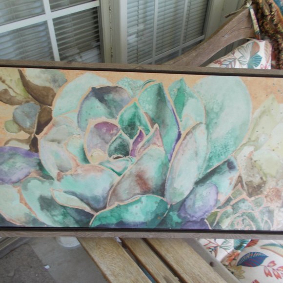 Gorgeous large aqua acrylic floral painting, framed - Picture 3 of 4